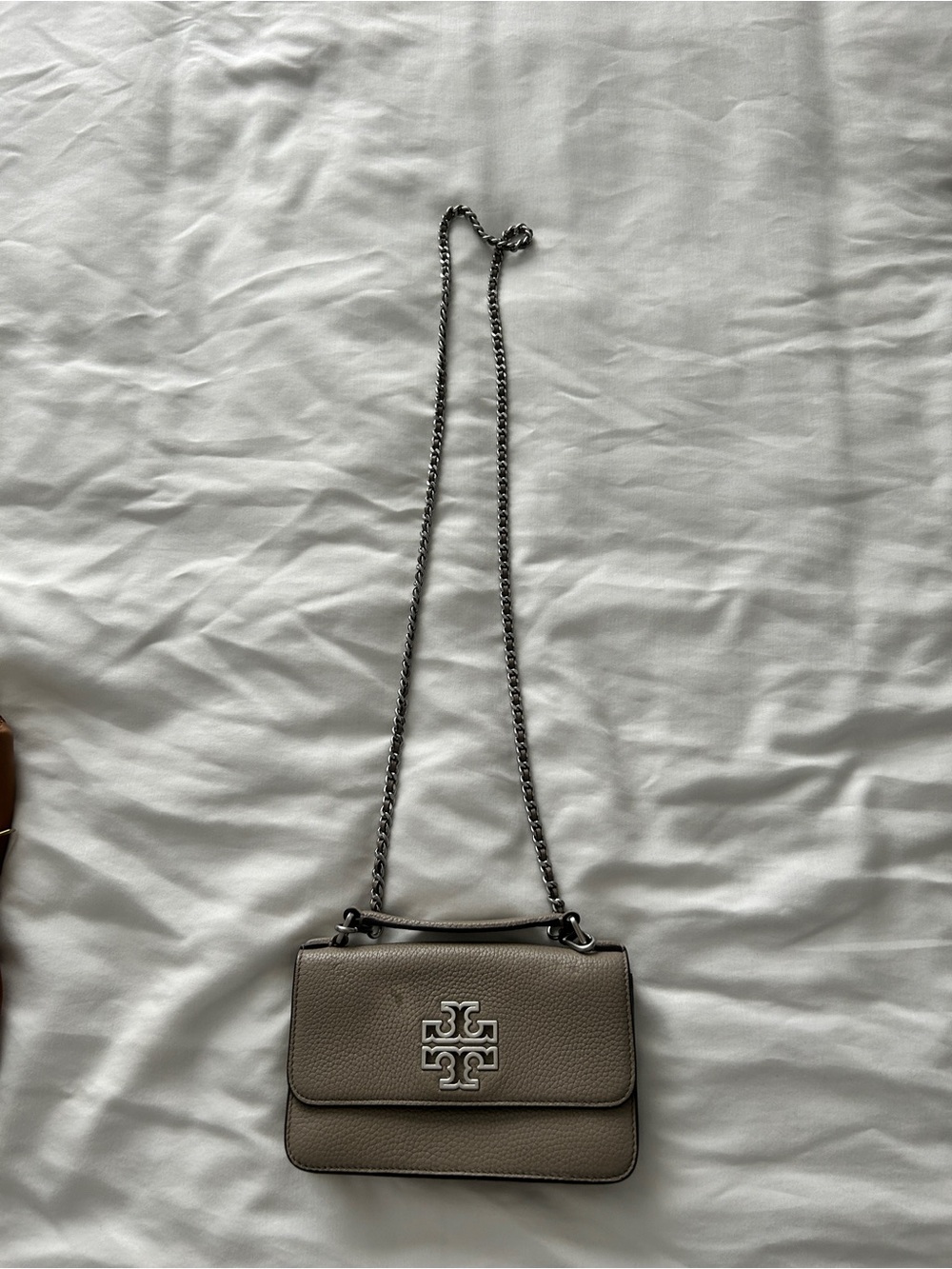 Tory Burch Pebbled Leather Crossbody in Taupe with Silver Hardware